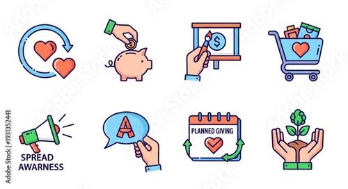 Set of icons representing charity and awareness campaigns.