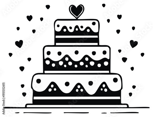 Elegant three tiered cake with heart topper surrounded by floating hearts for wedding or anniversary design element