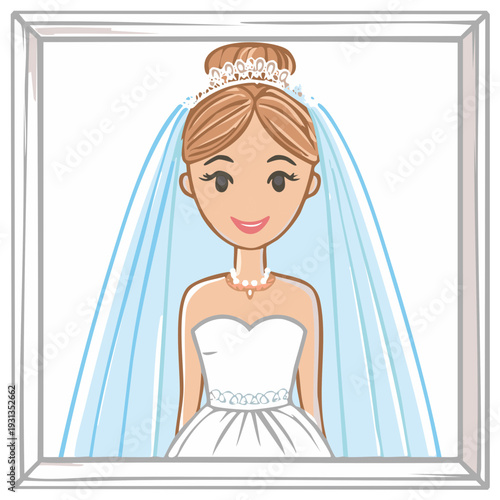 Cartoon illustration of a smiling bride wearing a veil in a white frame