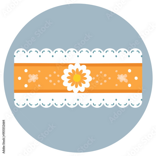 Decorative Ribbon with Flower Emblem and Scalloped Edges Flat Vector Illustration for Crafts and Graphic Design
