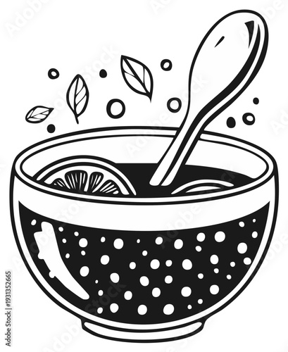 Hand drawn illustration of a steaming bowl of beverage with lemon slices and mint leaves
