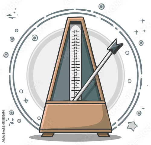 Cartoon Metronome Illustration with Arrow, Musical Instrument Icon, Decorative Circle