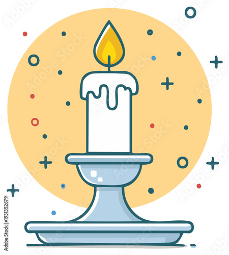 Burning Candle on Stand with Flame, Wax Drippings, and Colorful Scatter Against a Yellow Background