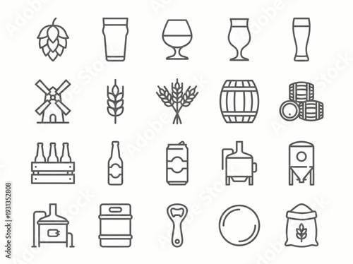 Brewery and Beer Production Line Icons Set with Hops Windmill Barley Barrels Bottles and Glassware for Craft Beer Branding and Artisanal Distillery Menu Design