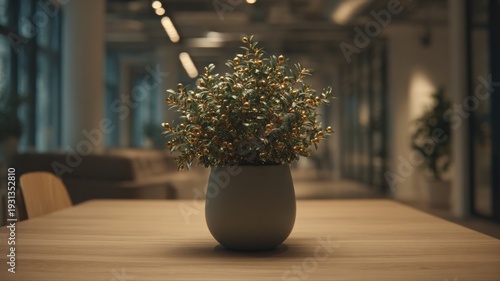 Indoor Potted Plant on a Wooden Table, Enhancing Interior Decor with Natural Greenery in a Modern Office