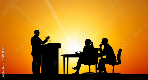 Silhouette of a speaker addressing an audience during a presentation.