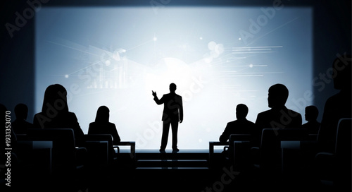 Silhouette of a speaker presenting on stage to an audience.