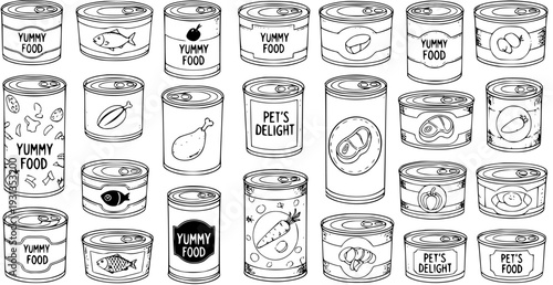 Black and White Illustration of Assorted Canned Food for Pets, Featuring Various Food Types and Labels