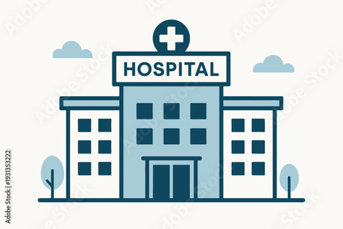 Flat design illustration of a hospital building with a white cross on a blue sign, set against a clean white background with subtle clouds
