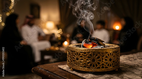 Traditional Arabian Incense Burner Mabkhara with Smoke and Blurred Family in Background, Home Fragrance for Ramadan and Eid Celebration