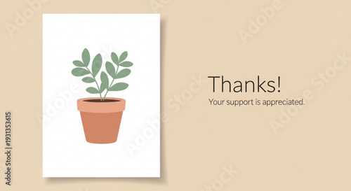 Gratitude card with potted plant illustration and appreciation message on beige background