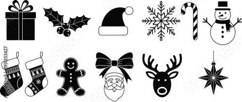Christmas holiday silhouettes, festive gift snowflake candy cane icons, Santa reindeer snowman figures, seasonal decoration artwork - flat vector illustration