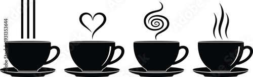 Coffee cup silhouettes, steam heart spiral wave icons, hot drink beverage figures, café artwork, espresso design elements - flat vector illustration
