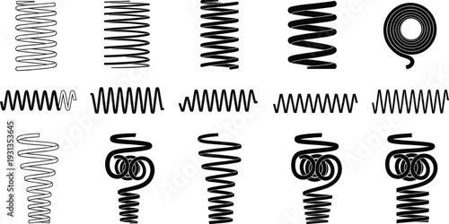 Collection of diverse spring coil designs, mechanical component variations in black and white, industrial engineering illustration set for design concepts, flat vector illustration