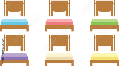 Colorful wooden beds with different mattress shades, educational furniture arrangement for kids learning colors, nursery interior design concept, flat vector illustration