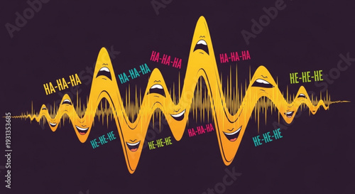 Vibrant sound wave graphic with smiling faces and laughter expressions on dark background
