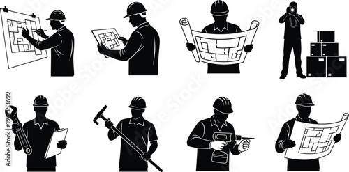 Construction worker silhouettes, engineering professional figures, blueprint tools illustration, site management artwork, industrial design clipart, diverse tasks vector, flat vector illustration