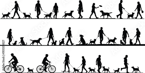 Dog walking silhouettes, outdoor activity icons, biking skateboarding running figures, pet companionship artwork, human animal interaction design elements - flat vector illustration