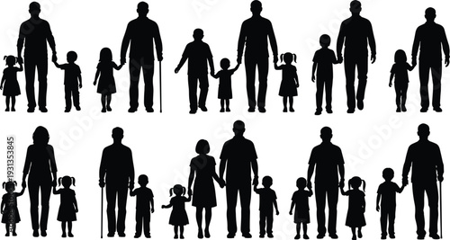 Family group silhouettes, parent child icons, generational figures, elderly caregiving artwork, diverse household relationship design elements - flat vector illustration