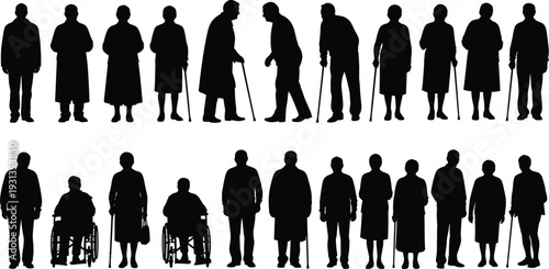 Elderly silhouettes, senior citizen icons, cane wheelchair figures, aging posture mobility artwork, healthcare demographic design elements - flat vector illustration
