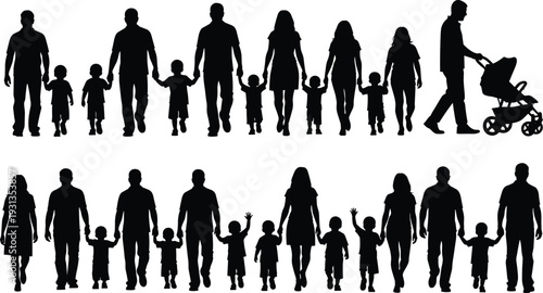 Family silhouette vector illustration, parent and child graphics, stroller walking drawing collection, black and white caregiving art - flat vector illustration
