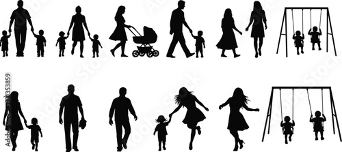 Family silhouettes, parents with children, caregiving scenes,  design, bonding symbol, flat vector illustration