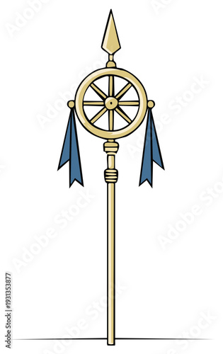 Dharma Wheel Golden Staff with Blue Flags Symbolic Spiritual Item Illustration