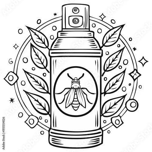 Insect Repellent Spray Can with Wasp Icon and Decorative Leaves Outline