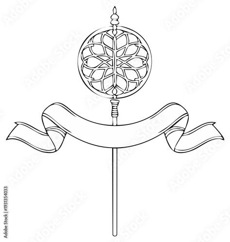 Ornate round medallion with flowing banner and pole medieval style illustration