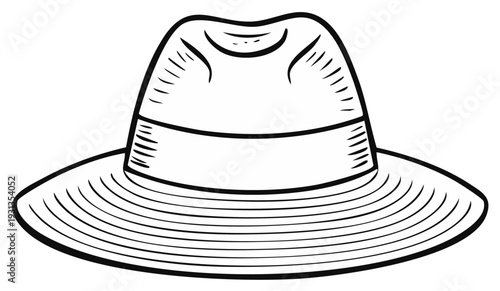Outlined vintage hat illustration, a classic fedora with wide brim, line art