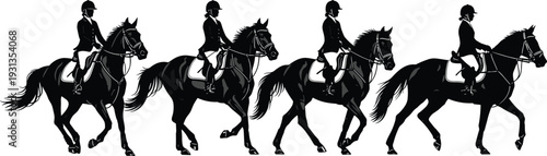 Horse riding silhouettes, equestrian sport, rider on horse, galloping motion, concept, competition design, flat vector illustration