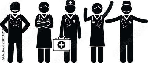 Medical professional silhouette vector illustration, healthcare worker graphics, doctor and nurse drawing collection, black and white hospital art - flat vector illustration