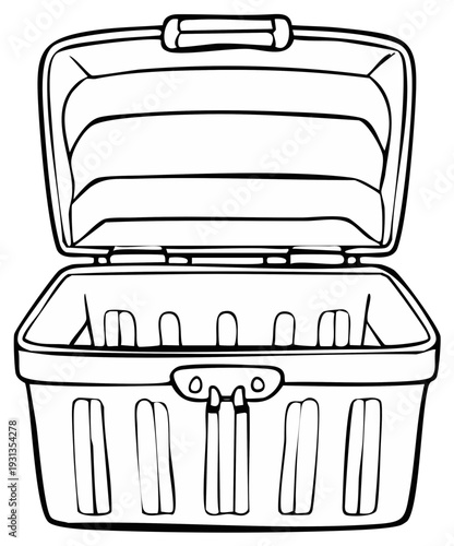 Open empty picnic basket, outline drawing, retro design, portable container for food and supplies