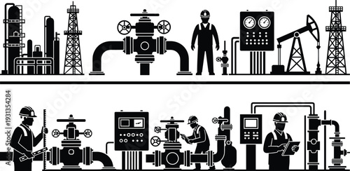 Oil and gas industry workers with refinery equipment, pipeline valves, drilling rigs, pumpjacks, industrial safety operations and monitoring process, flat vector illustration