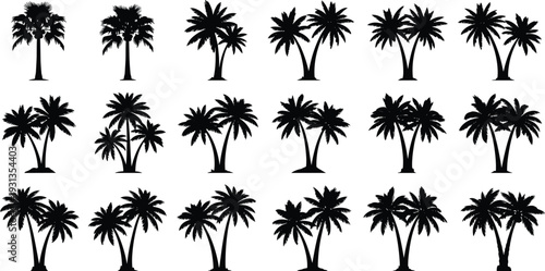 Palm tree silhouettes, tropical beach icons, exotic nature figures, summer vacation artwork, botanical design elements - flat vector illustration