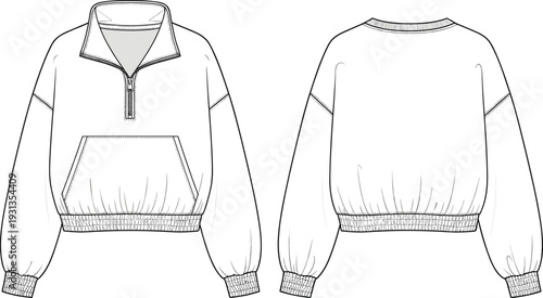 Pullover sweatshirt fashion technical drawing, half zip garment icons, kangaroo pocket apparel figures, casual clothing construction artwork - flat vector illustration