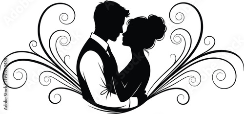 Romantic couple silhouette vector illustration, love embrace graphics, wedding design drawing collection, black and white romance art - flat vector illustration