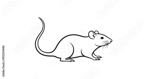 Detailed line drawing of a mouse standing on its hind legs looking right with long tail and whiskers on white background