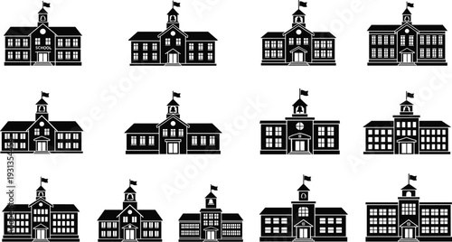 School building icons, educational institution silhouettes, academic facility design, learning center architecture, classroom symbol, university structure, 