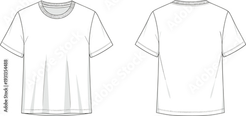 Short-sleeve t-shirt fashion vector illustration, garment technical drawing, crew neck apparel design collection, black and white clothing art - flat vector illustration