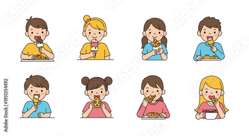 Diverse group of happy children enjoying their favorite snacks including delicious pepperoni pizza and cold ice cream cones in a cute style.