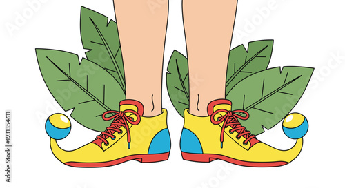 Close up view of a person wearing bright yellow clown shoes with red laces and blue pom poms standing in front of large green tropical leaves.