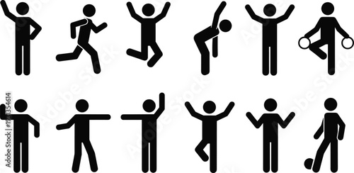 Stick figure silhouettes, human activity poses, sports and gestures illustration, dynamic movement artwork, people icon design clipart, flat vector illustration