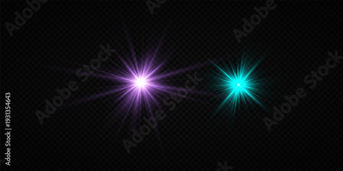 Colorful Star Light Effect Collection with Blue, Golden, and Yellow Glowing Starlight Sparkle Rays and Lens Flare Illumination on Transparent Background