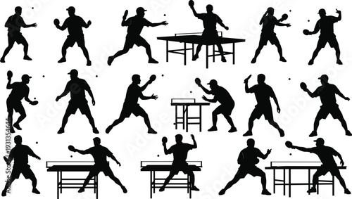 Table tennis silhouettes, ping pong players, sport action poses, dynamic movement illustration, racket game artwork, competitive design clipart, flat vector illustration