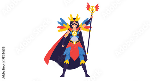 Strong female superhero dressed in a colorful feathered costume and a mask holding a golden magical staff while standing in a heroic pose.