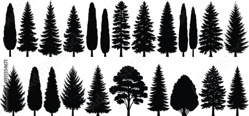 Tree silhouette collection, diverse forest shapes, coniferous and deciduous outlines, botanical illustration, landscape design elements, nature clipart, flat vector illustration