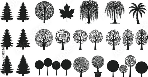 Tree silhouettes, conifer palm willow icons, botanical foliage figures, nature landscape artwork, greenery design elements - flat vector illustration