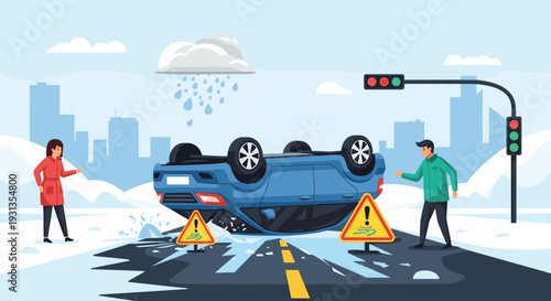 Dangerous scene of a blue car flipped over on a slippery road during a rainstorm with two people standing nearby and yellow warning signs.