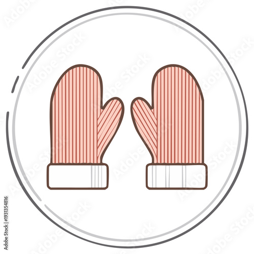 Pair of cozy red winter mittens with white cuffs icon illustration